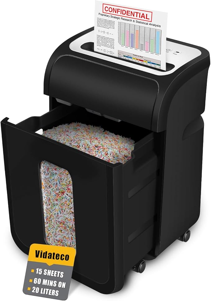 Cross-Cut Paper Shredder for Home Office, Heavy Duty 60-Minute 15-Sheet Shreds Paper/Credit Card Office Shredder, Security Level P-4 Jam Proof System 20L Pullout Bin with 4 Casters