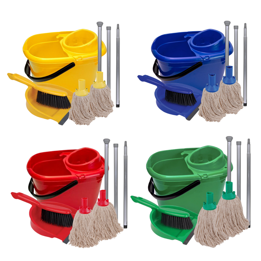 Floor Cleaning Kit - 14L Bucket & Wringer | 3 Piece Handle | Dustpan & Brush | 2 x Cotton Mops
